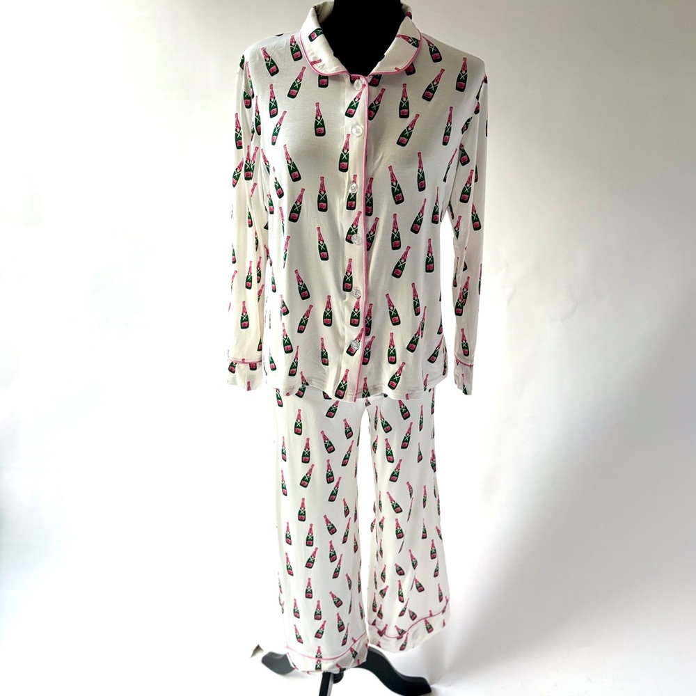 NWT Toss Designs Champagne Bottle White Pajama Set 100% Cotton Size Small